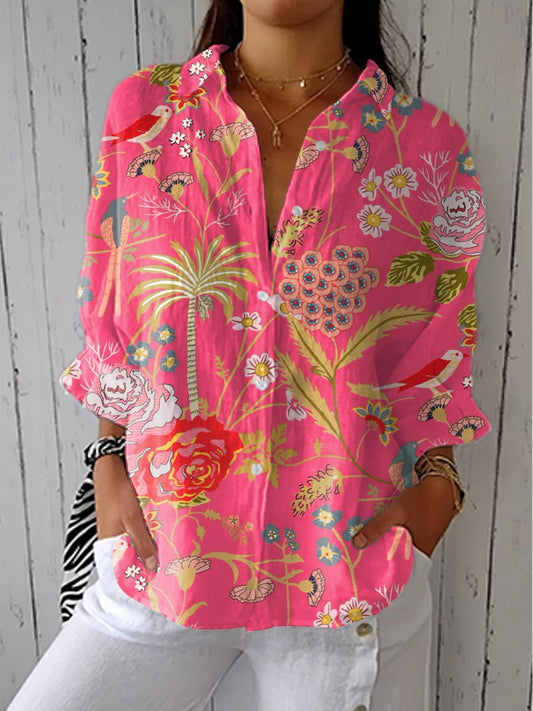 Women's Tropical Floral Long Sleeve Blouse with V-Neckline