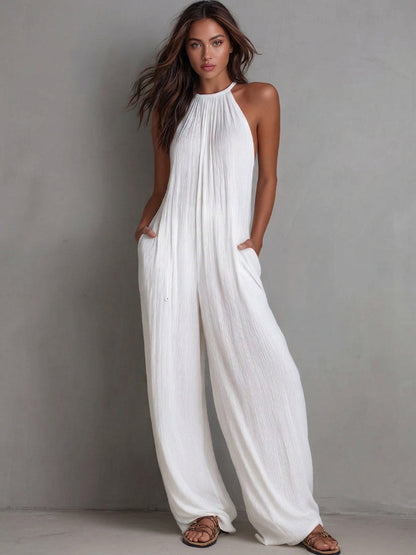 Women's Halter Neck Wide-Leg Linen Jumpsuit with Pockets