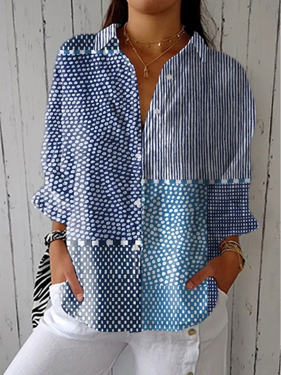 Fiora Patchwork Print Button-Down Long Sleeve Blouse for Women