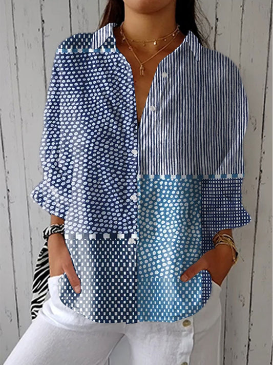Fiora Patchwork Print Button-Down Long Sleeve Blouse for Women