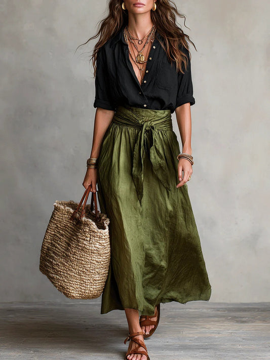 Women's Belted Two-Piece Shirt and Midi Skirt Set