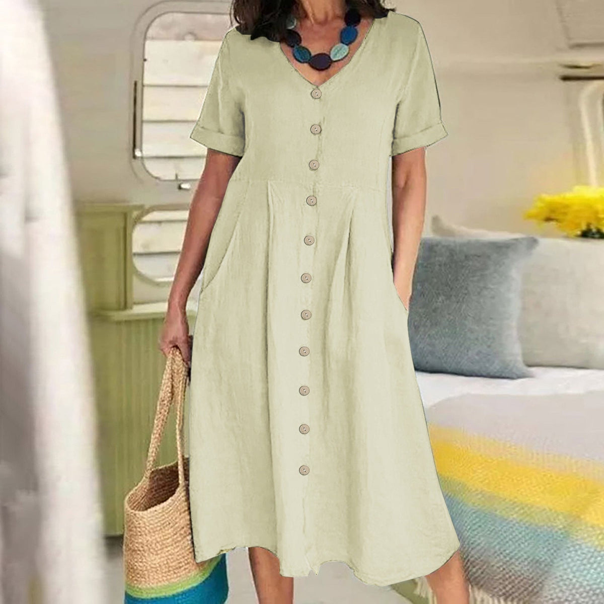 Button-Front Cotton Linen Blend A-Line Summer Midi Dress