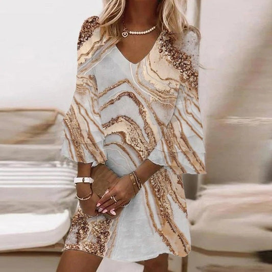 Marble Swirl Print Mini Dress with V-Neck and Flared Layered Sleeves