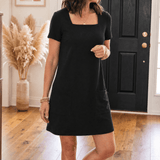 Square-Neck Cotton Blend Women's Midi Dress with Side Pockets