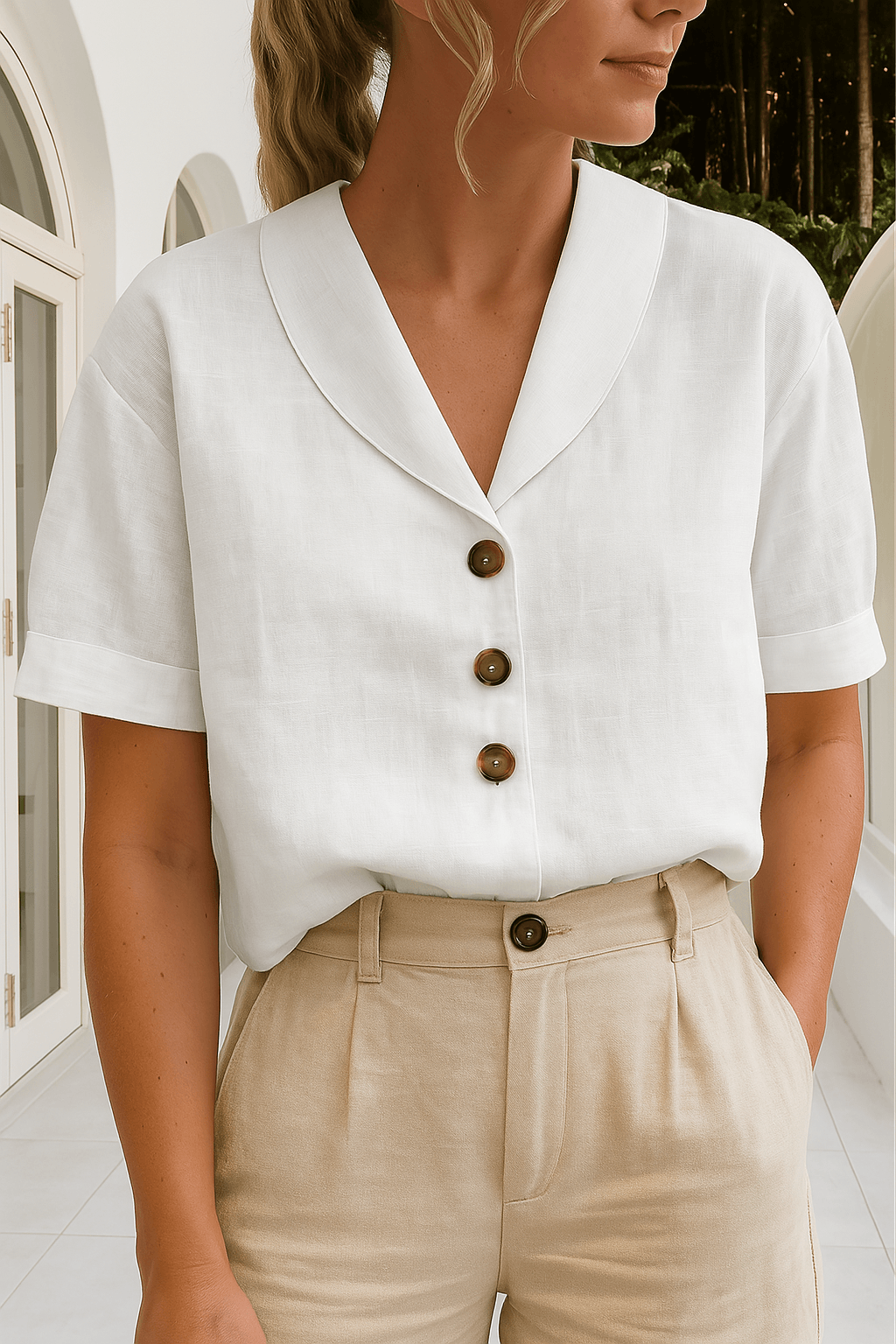 Women's Short Sleeve V-Neck Cotton Button-Down Top for Office Wear