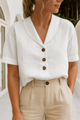 Women's Short Sleeve V-Neck Cotton Button-Down Top for Office Wear