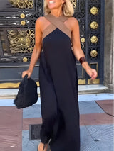 Sleeveless Crossover Halter Linen Summer Maxi Dress with Flowing Skirt