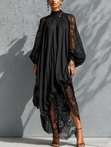 Lace Balloon-Sleeve Draped High-Neck Maxi Dress with Sheer Hem Panel