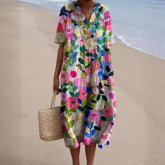 Emma Floral V-Neck Cotton Summer Dress with Short Sleeves
