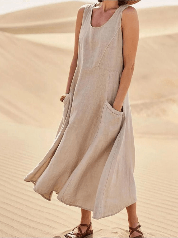 Sleeveless Linen A-Line Midi Summer Dress with Pockets for Women