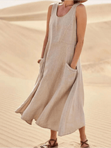 Sleeveless Linen A-Line Midi Summer Dress with Pockets for Women