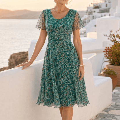 Kynara Flutter-Sleeve Floral Fit-and-Flare Women's Summer Midi Dress with Sheer Overlay