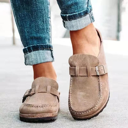 Suede Buckle-Strap Backless Mule Loafers for Women