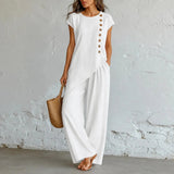 Two-Piece Matching Co-Ord Set with Asymmetric Button Top and Wide-Leg Pants