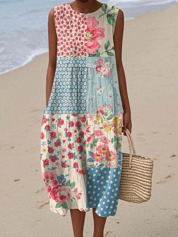 Women's Boho Patchwork Sleeveless Summer Midi Dress with Floral Print