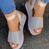Women's Sparkly Diamante Open-Toe Platform Sandals with Ankle Strap