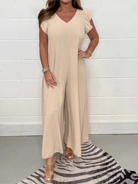 Sabrina Wide Leg Jumpsuit with Ruffled Sleeves and V-Neck