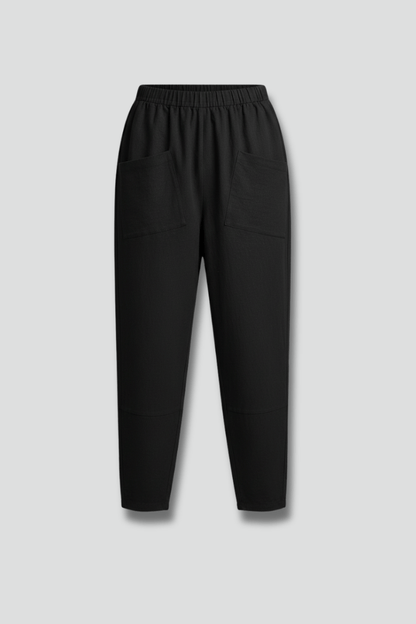 Tapered Ankle-Length Pants with Elastic Waist and Large Patch Pockets