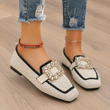Crystal Buckle Square-Toe Knit Loafer Flats for Women