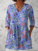 Aline Floral V-Neck Tunic Top with Three-Quarter Sleeves for Women