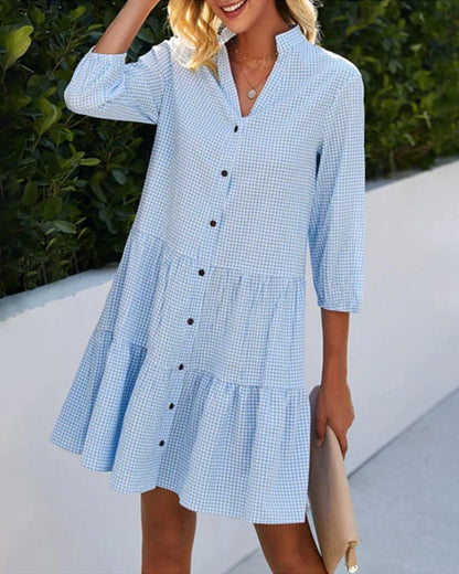 Cressida Checkered Tiered Summer Dress with Button Details