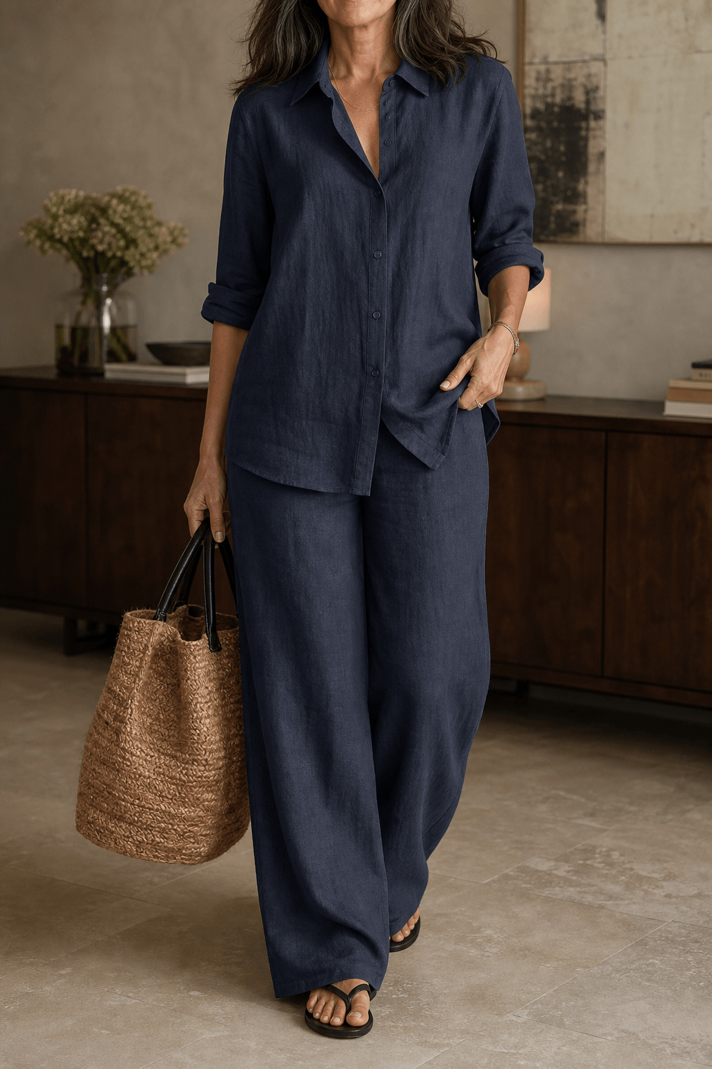 Women's Linen Shirt and Wide-Leg Tailored Trouser Two-Piece Set