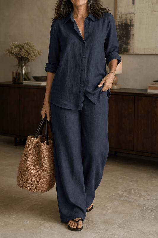 Women's Linen Shirt and Wide-Leg Tailored Trouser Two-Piece Set