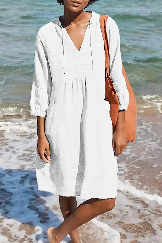 Anna Hooded Cotton Linen Midi Summer Dress with Drawstring Neckline