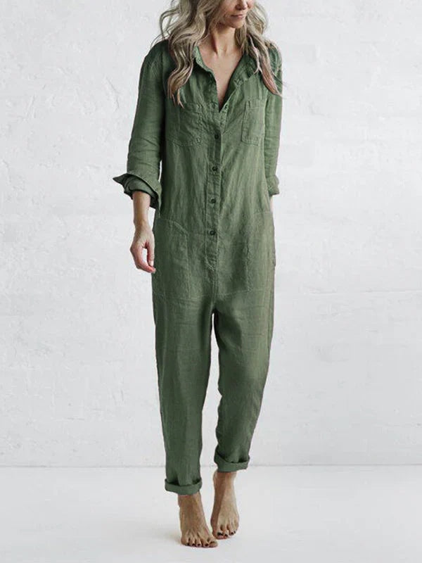 Button-Front Linen Jumpsuit with Pockets for Women