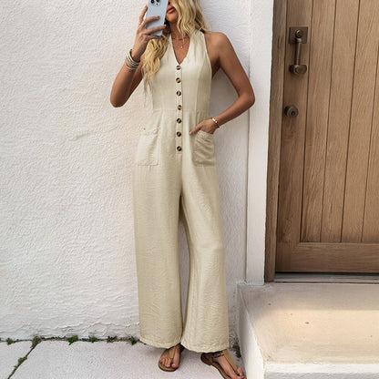 Women's Sleeveless Button-Front Wide-Leg Jumpsuit with V-Neck