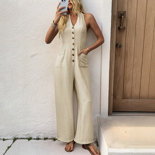 Women's Sleeveless Button-Front Wide-Leg Jumpsuit with V-Neck