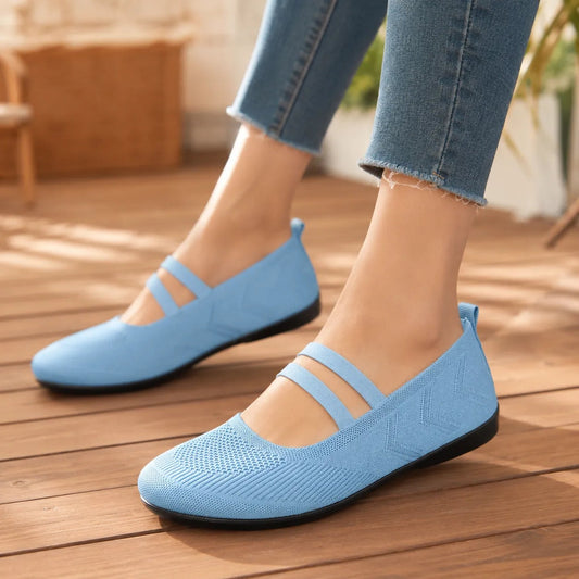 Women's Knit Mary Jane Flats with Elastic Straps and Cushioned Sole