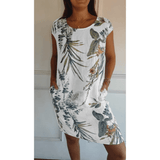 Women's Floral Print Round-Neck Midi Dress with Pockets