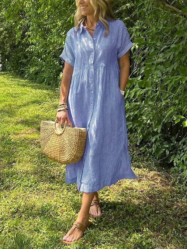 Women's Striped Cotton Shirt Collar Midi Dress with Short Sleeves