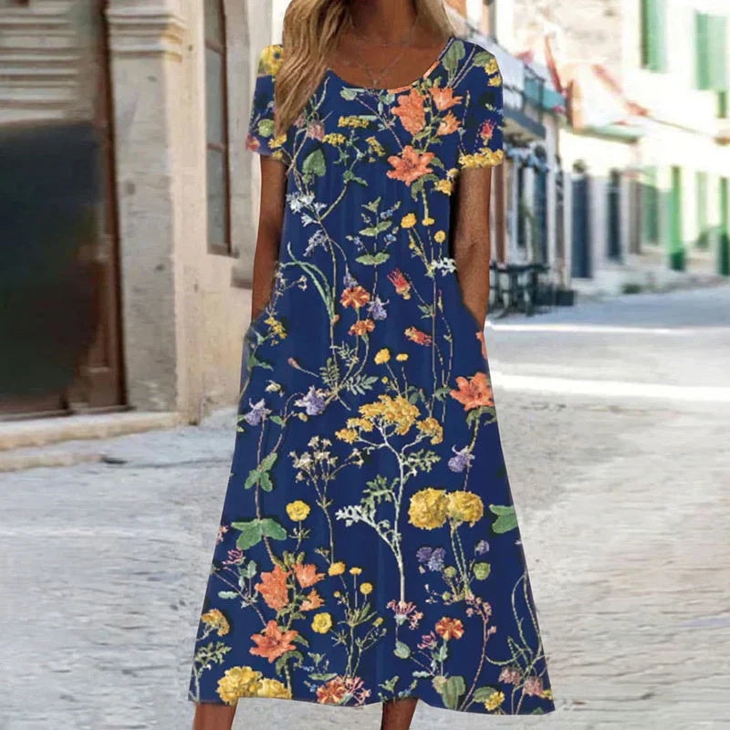 Harper Floral Print Short Sleeve A-Line Women's Midi Dress with Pockets