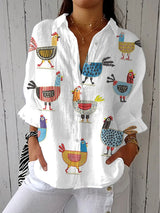Madeline Chicken Print Women's Long-Sleeve Button-Up Blouse