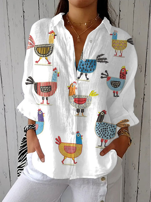 Madeline Chicken Print Women's Long-Sleeve Button-Up Blouse