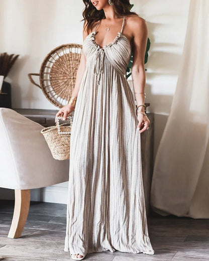 Abigail Pleated Tie-Front Knit Maxi Summer Dress with Adjustable Straps