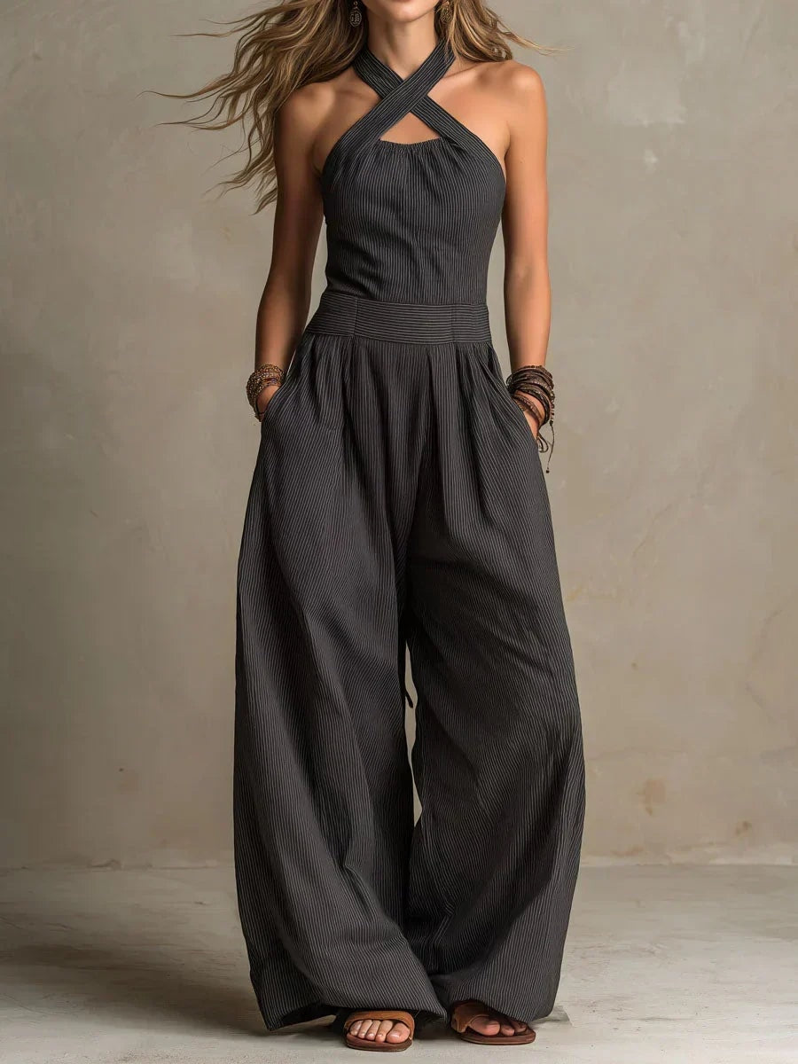 Women's Linen Blend Halter Cross-Neck Wide-Leg Jumpsuit