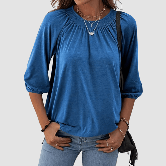 Women's Loose-Fit Shirred Neck Top with Balloon Sleeves