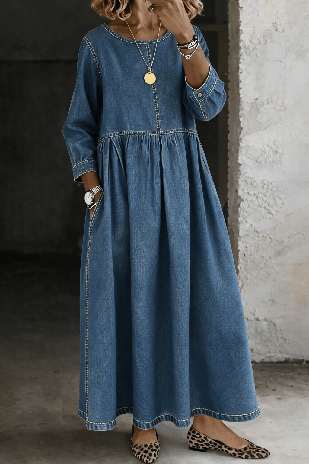 Melissa Round Neck Long Sleeve Denim Maxi Dress with Pockets