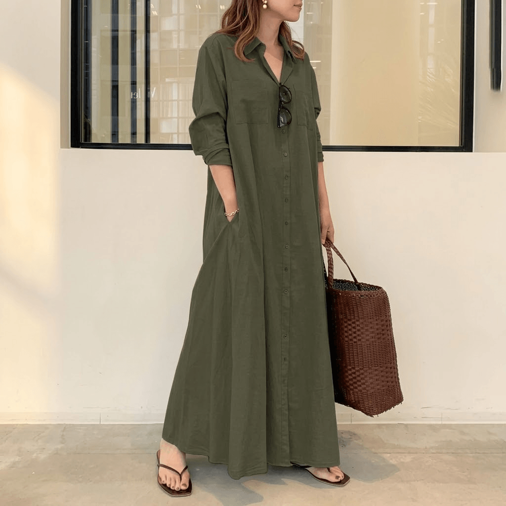 Halvine Button-Through Maxi Shirt Dress with Long Sleeves and Side Pockets