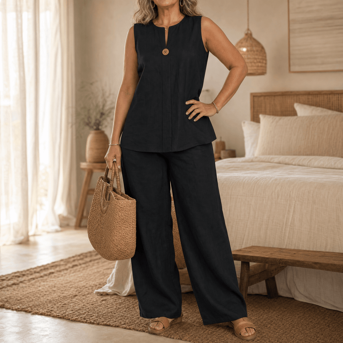 Women's Sleeveless Linen Top with Wide-Leg Tailored Trouser Set