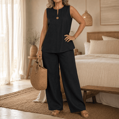 Women's Sleeveless Linen Top with Wide-Leg Tailored Trouser Set