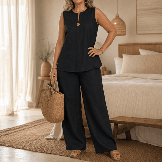 Women's Sleeveless Linen Top with Wide-Leg Tailored Trouser Set