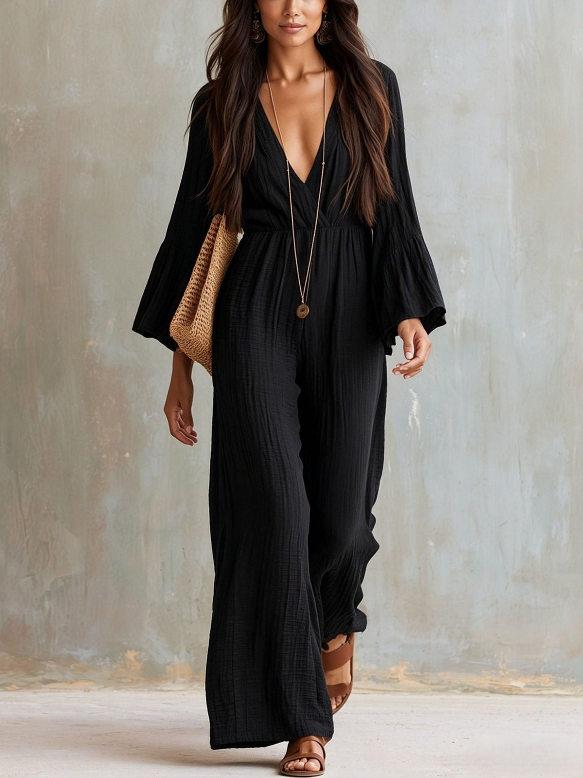 Women's Linen V-Neck Wide-Leg Jumpsuit with Bell Sleeves