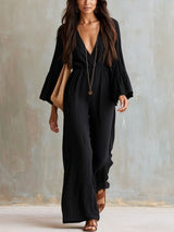 Women's Linen V-Neck Wide-Leg Jumpsuit with Bell Sleeves