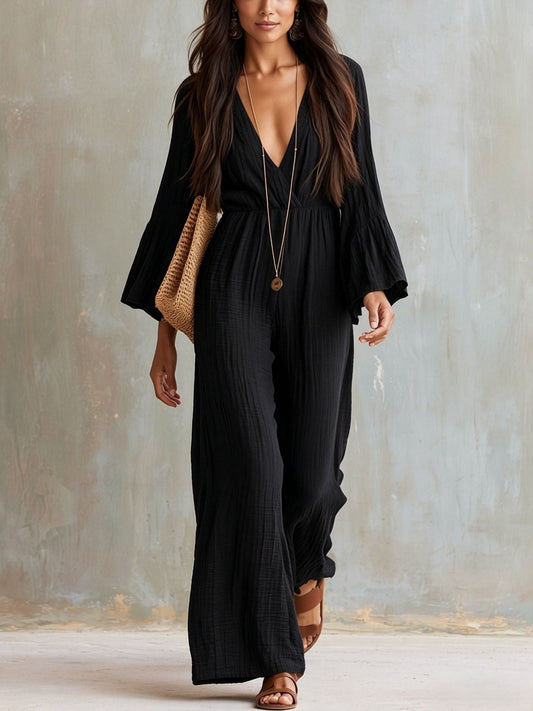 Women's Linen V-Neck Wide-Leg Jumpsuit with Bell Sleeves