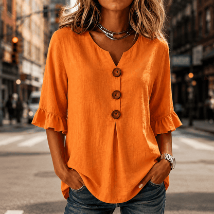 Laurelle V-Neck Ruffle Sleeve Blouse with Button Detail