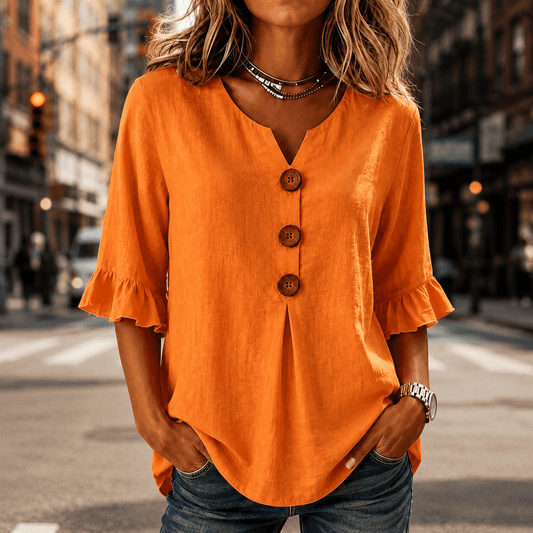 Laurelle V-Neck Ruffle Sleeve Blouse with Button Detail